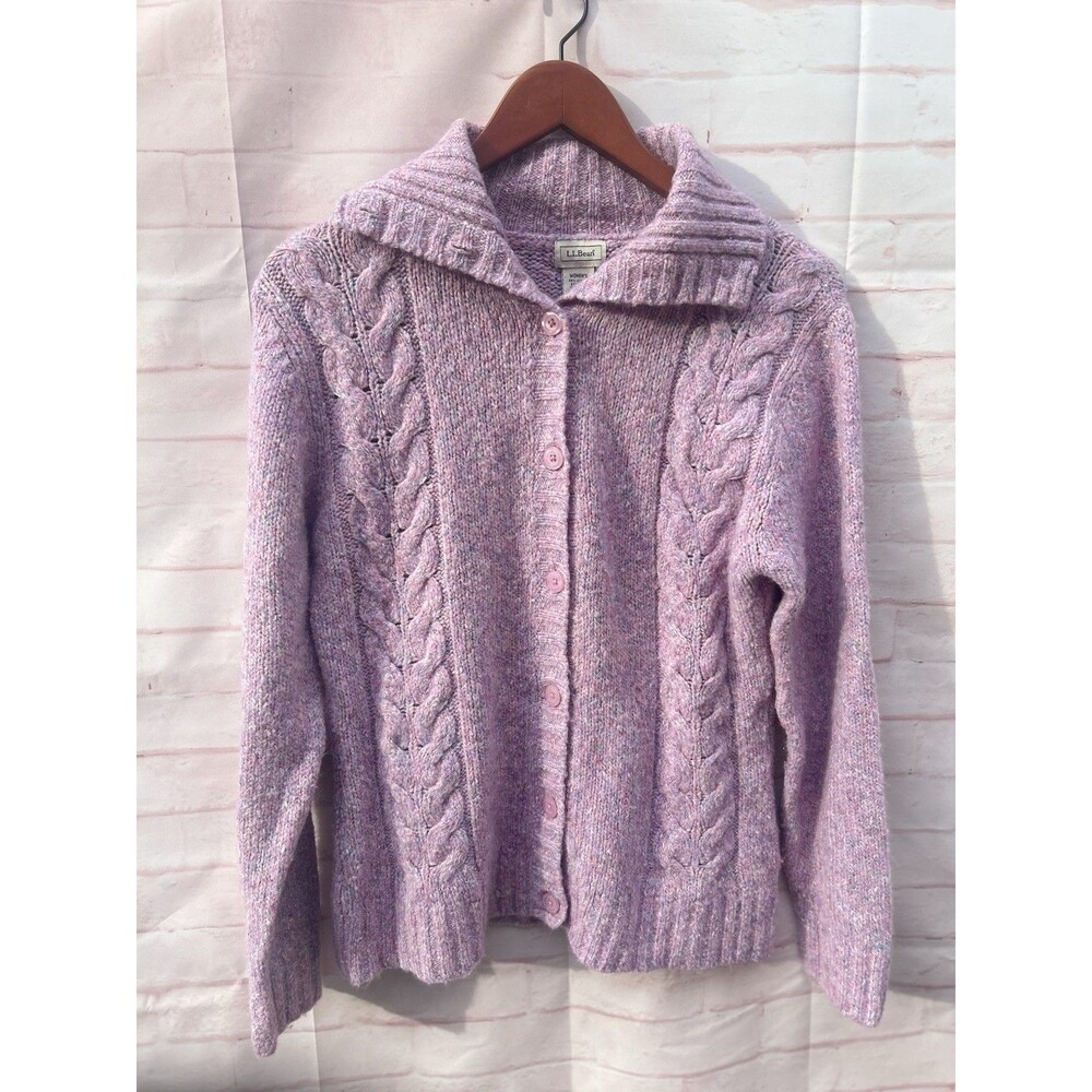 VTG LL Bean Women’s Chunky Cable Knit Button Front Cardigan Sweater Pink Wool